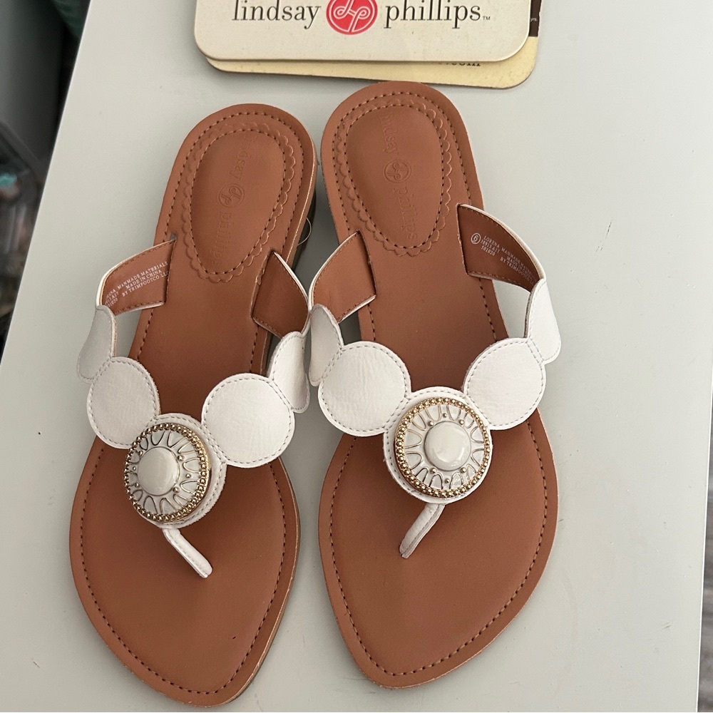 lindsay phillips White and Tan Scalloped Toe-Post Sandals with Medallion